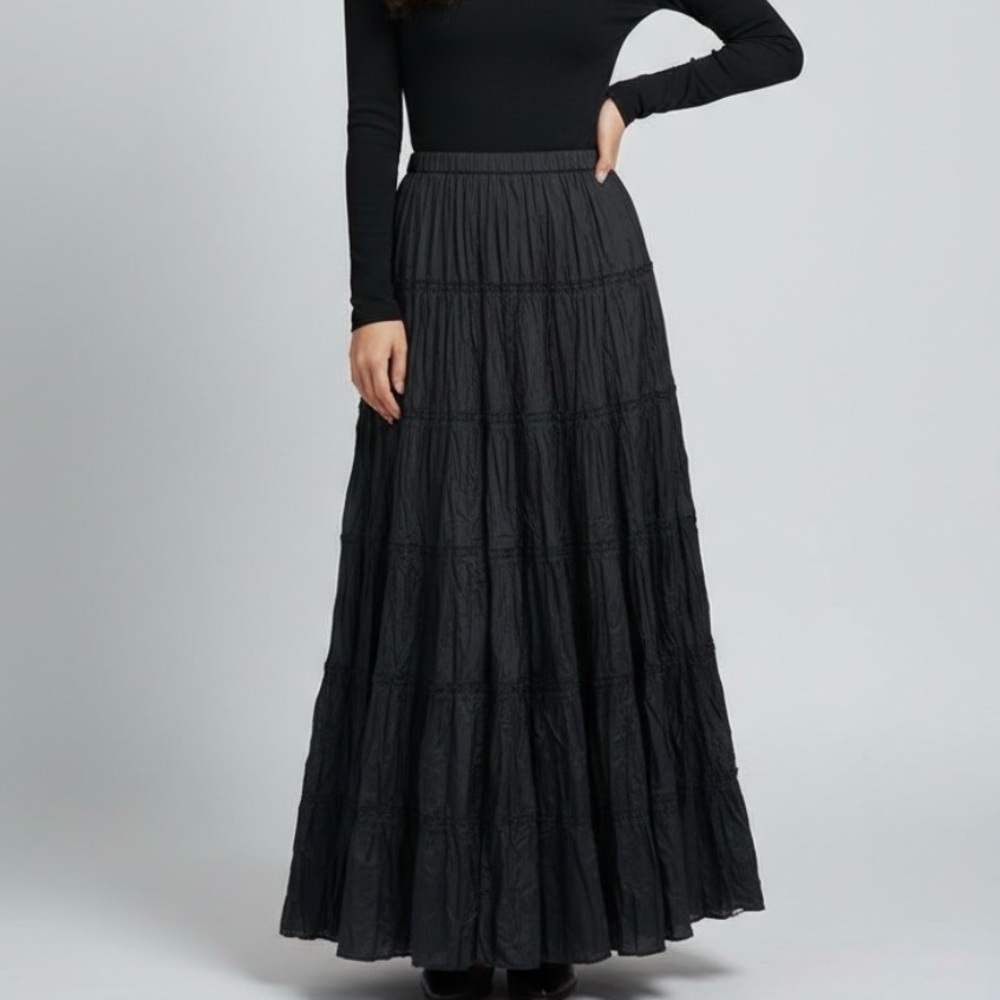 MSK Bimba Boho Long Flaired Maxi Tier Skirt Elastic Waist Bohemian Skirt